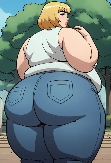  score _9,  score _8_arriba,  score _7_arriba, _6_arriba,  creatman osxl ,   hand drawn ,  1 girl (big fat body), Alone ,  in the park, jeans,  sleeveless t-shirt,  blonde hair,  short ass hair,  looking at the spectator,  wide hips,(clothes that fit your ...