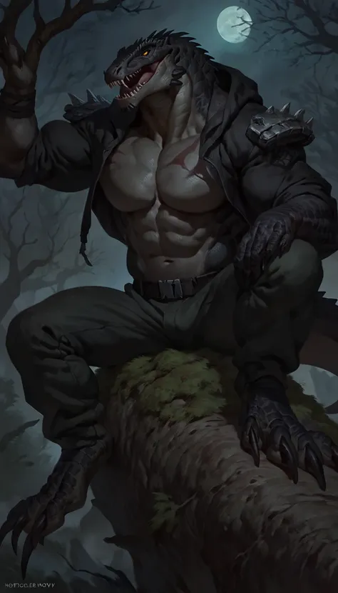 Muscular monster lizardfolk, solo, pants, mercenary, dark lizardfolk, black scaly body, gray scaly abdominals and chest, strong, bara, 1male solo, anthro, muscular, open mouth, small waist, thick tail, thick scales on the shoulders, marked jaw, pecs, big p...