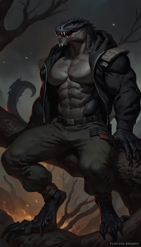 Muscular monster lizardfolk, solo, pants, mercenary, dark lizardfolk, black scaly body, gray scaly abdominals and chest, strong, bara, 1male solo, anthro, muscular, open mouth, small waist, thick tail, thick scales on the shoulders, marked jaw, pecs, big p...