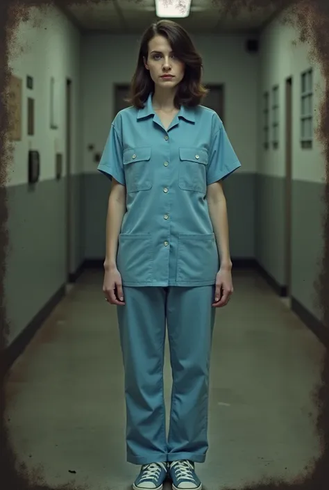 an analog grainy photo of a 30 years old brunette wearing a two-piece light blue prison uniform with light blue canvas slipons