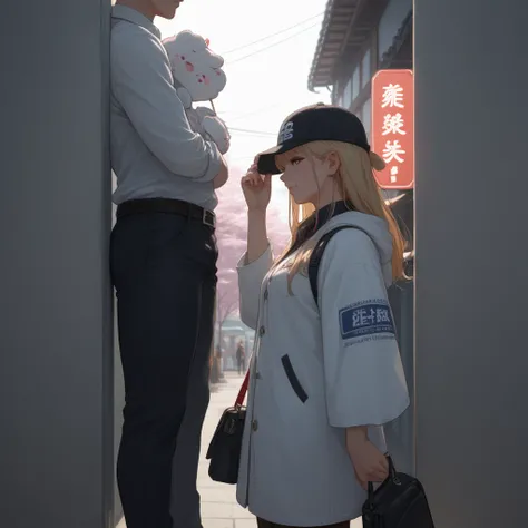 Tokyo - skyscrapers with advertising signs in the background . The man in the hood, tights and cap takes pictures of a girl.  Silhouette of a girl in white clothes with a fan in her hands , that partially covers her face.  Cherry blossoms  .
The girl has a...