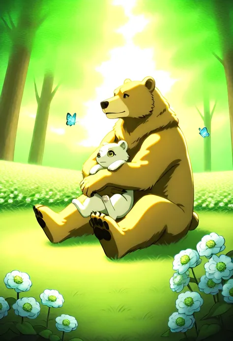 In a small, serene clearing within the forest, a gentle brown bear cradles a young fawn with its large, tender front paws. Dappled sunlight filters through the leaves, casting a warm, mottled light that dances across the scene, illuminating the soft, golde...