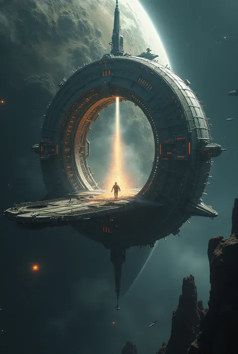 interdimensional gate in the orbit of a planet, ATTACHED TO A GIGANTIC SPACE STATION, With ships around