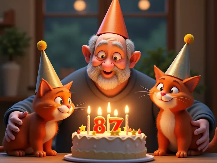 Grandpa with half-bald head and white beard, Celebrating its 87. Birthday. He blows out the candles on the cake. It says 87.  He is celebrating with two red cats. Everyone is wearing party hats.