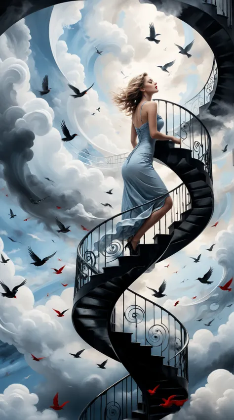 A captivating close-up of a beautiful woman ascends a swirling staircase that reaches into the sky, enveloped by clouds, creating a surreal ambiance. Birds flutter around her, enhancing the dreamlike quality. The image is rendered in black and white, drawi...