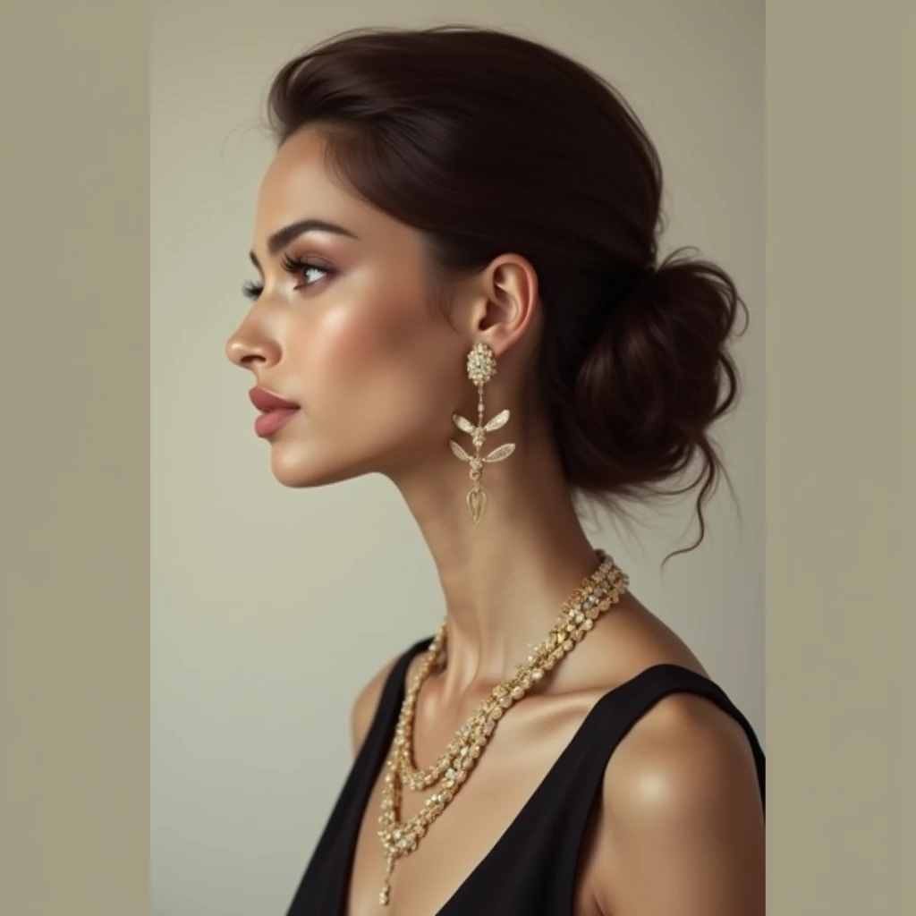 Generate an image of a young black-skinned woman for me, sophisticated and elegant on the front and made up with elegant necklaces on the front 