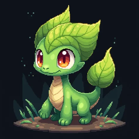 leafs, leafy creature, leaf skin, scaled, a fern creature pokemon, cute con colores lindos, diseño criatura samambaia, nature-creature, pixie, pixel art, no backbround, pixel art, sidescroller view