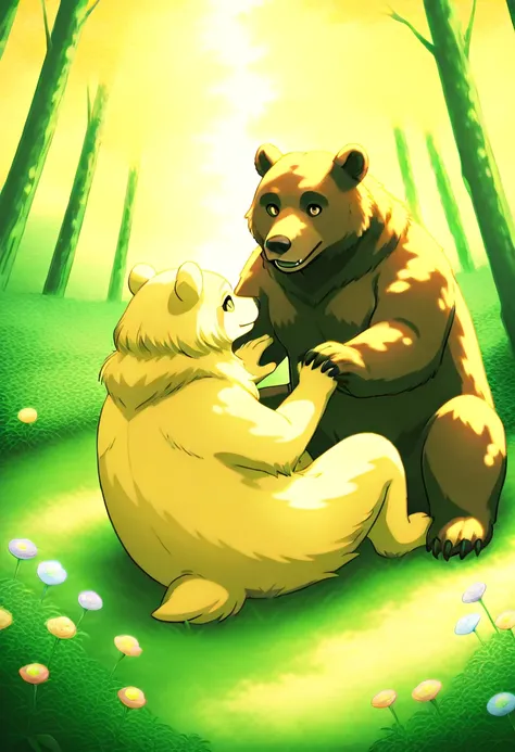 In a small, serene clearing within the forest, a gentle brown bear cradles a young fawn with its large, tender front paws. Dappled sunlight filters through the leaves, casting a warm, mottled light that dances across the scene, illuminating the soft, golde...