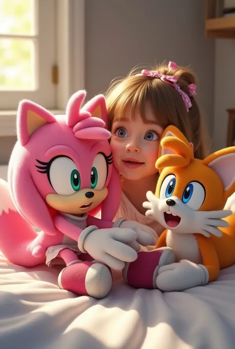 As one in which Amy and Tails pretend to be stuffed animals on a bed while a girl is playing with a toy