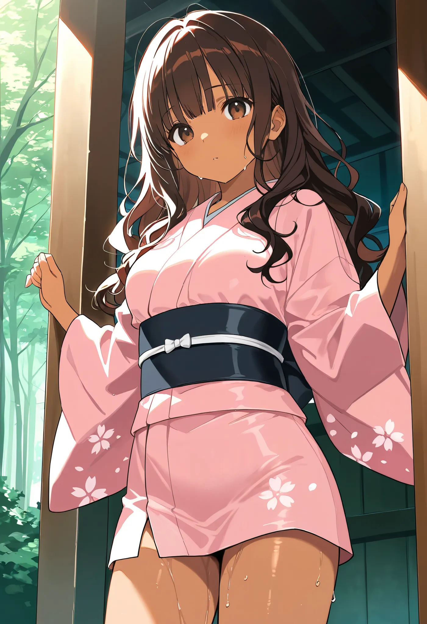 masterpiece, best quality, score_9, score_8_up, score_7_up, score_6_up, score_5_up, score_4_up, source_anime, 1girl, wavy hair, shoulder length hair, dark brown hair, brown eyes, straight bangs, brown skin, wearing short pink kimono, wet thighs, Sakura For...