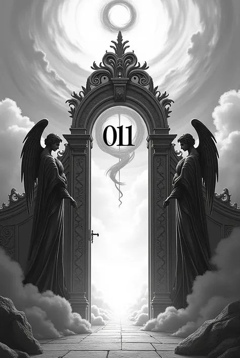  Then draw me a gate with 2 angels and clouds on it from which you can then see a number 011 ,Do it as if it were a black and white tattoo  