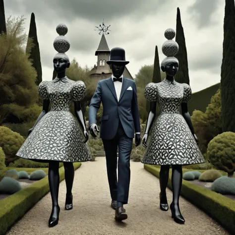 A surreal image is a vintage-style photograph that features three anthropomorphic human characters, all walking in attire that includes a suit and others in skirts or quirky dresses. They are walking in a garden surrounded by unique and quirky sculptures s...