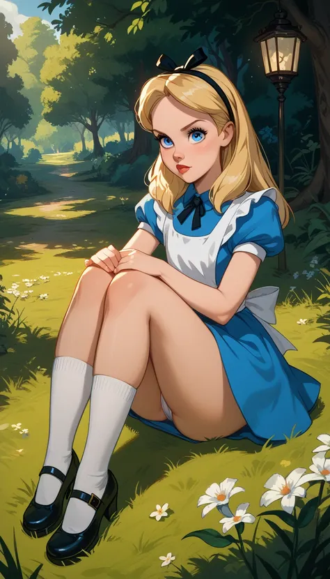 
Alice (Wonderful),  blond hair,   lamp ,  blue eyes, (:1.1),   Alice wears a short costume , White panties show exposed legs  , thick legs,   Knee-high, bright,  Oily skin,
,focus only,    blue eyes  ,     in a serious face,   sitting on the grass, sunlig...