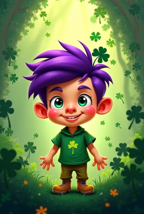 a shamrock cartoon boy character with purple hair