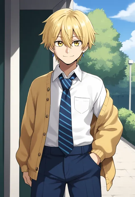 score_9, score_7_up, source_anime
kaimiura, 1boy, male focus, solo, yellow eyes, blonde hair, short hair, hair between eyes, jewelry, earrings, school uniform, shirt, white shirt, collared shirt, long sleeves, necktie, blue necktie, striped necktie, stripe...