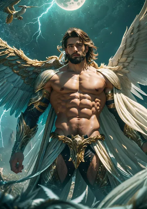 high quality, 8K Ultra HD, wide angel , from below view, shot from below, A beautiful   handsome male short beard ,  hugging another male, the muscular man with four wide branching wings, the upper two being white and the lower two black, is embracing anot...