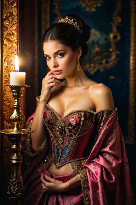  In a candlely-lit room ,  air adorned with opulent tapestries , (, a portrait of a woman waiting for her lover with lust in her seductive eyes ),  her anticipation is palpable in the ,   with perfect eyes ,  detailed skin,  perfect face, , the scene is de...