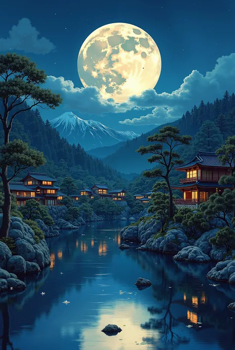  Fine art painting inspired by the full moon and paintings of Japanese houses under the moonlight,  Artwork inspired by Kano Hogai,  Popular on Artstation , ukiyo-e, Japanese art style, Japanese art, Japanese art art, traditional Japanese art, Japan at Nig...