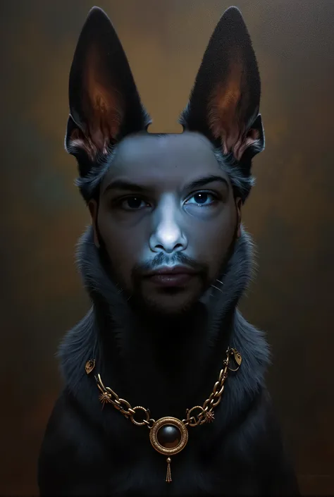 Beautiful oil portrait of a black dog Anubis, with very long pointed ears, lying in a baroque style, looking at the camera, resembles the god Anubis, The background is dark,super realistic anubis woman fantasy art egyptian mythology goddess of the afterlif...