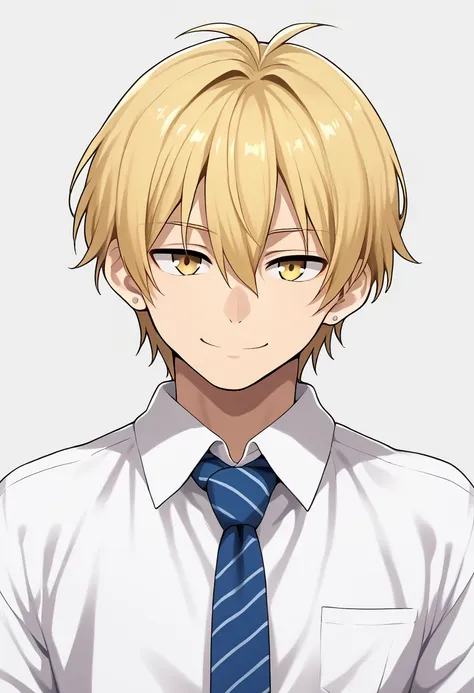 score_9, score_7_up, source_anime
kaimiura, 1boy, male focus, solo, yellow eyes, blonde hair, short hair, hair between eyes, jewelry, earrings, school uniform, shirt, white shirt, collared shirt, long sleeves, necktie, blue necktie, striped necktie, stripe...