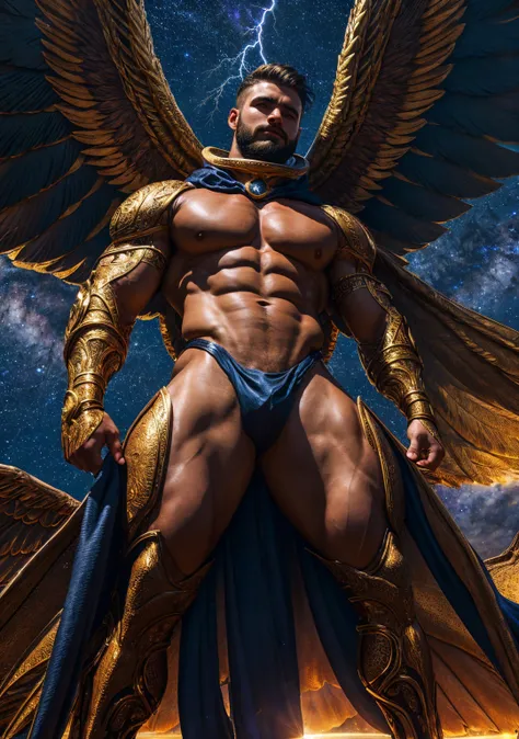 high quality, 8K Ultra HD, wide angel , from below view, shot from below, A beautiful   handsome male short beard ,  hugging another male, the muscular man with four wide branching wings, the upper two being white and the lower two black, is embracing anot...