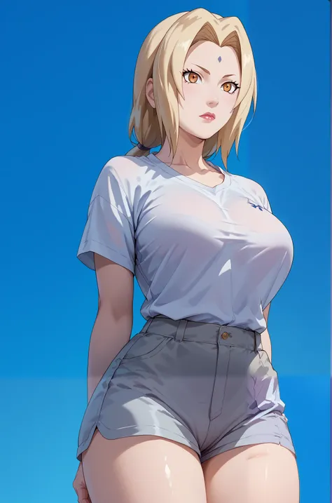 masterpiece, extremely detailed,8k,solo,1girl,adult,tsunade ,large breasts, perfect body ,arms behind back,long legs,white tshirt,grey shorts,looking at viewers,front look ,blue plain background