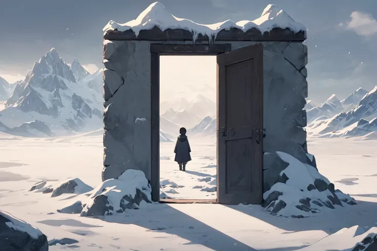 Scene, dark-haired young boy coming out of a room through a door frame, outside the room there are several mountains covered with snow ,  and the room is isolated in the middle of a cold and desolate landscape .