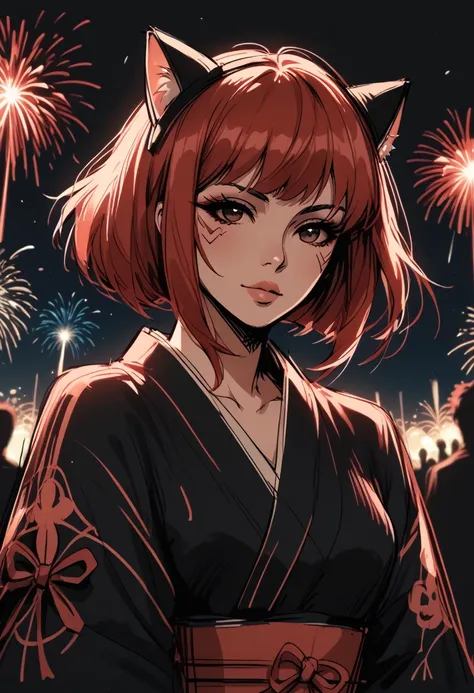 score_9, score_8_up, score_7_up, Anime Style, Portrait, girl, cute, seductive, innocent, light smile:0.3, plump lips, slender body, cat ears cyberpunk spy lord, kimono, bob hair, radiant color, pale turquoise and red hair, ghostly fantasy settlement in a M...