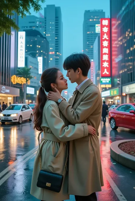 In the heart of a bustling modern city, two friends stand side by side, both clad in stylish trench coats. One gently embraces the other, offering a comforting and supportive gesture. The background is a vibrant night scene with neon lights flickering and ...