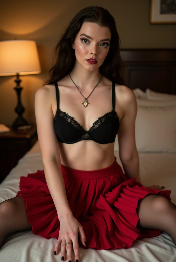 A photo of Anya Taylor Joy in a black bra and red short box pleated skirt, black thigh high stockings with lace, sitting on a bed, posing, legs spread wide, sitting frontally