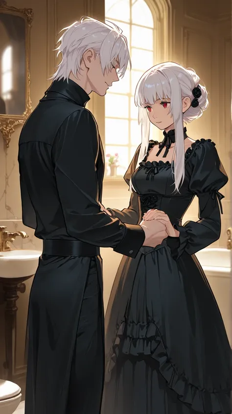 Couple of goths, goth girl, goth man, white hair, mujer desnuda, sudor, beso francés. Background:Victorian bathroom