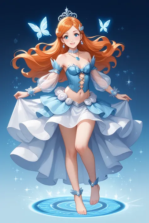 For a Cinderella-inspired outfit for Orihime Inoue, while keeping her navel and bare feet visible, here’s the design:

Top

A cropped, light-blue corset-style top with delicate silver embroidery, exposing her navel while keeping the royal elegance.

Off-th...