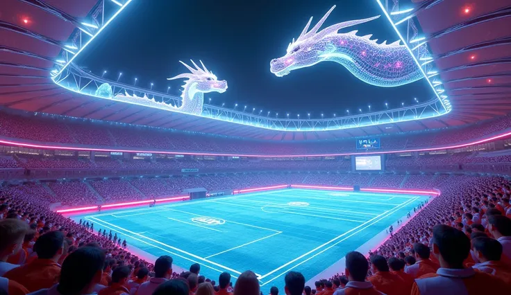 A neon cyberpunk dragon soccer stadium, with holographic dragon projections flying around it.