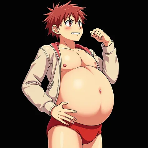 anime young pregnant guy of  with a big pregnant belly showing off his belly, pregnant  boy! , front pose, pregnant of nine months!!, belly round and cool,wearing a red leather jacket, handsome anime pose bare belly, his belly is front, belly round!!!, rai...