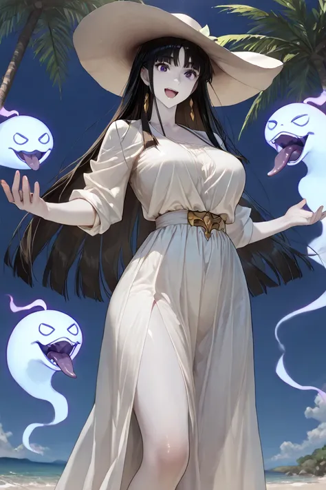 Ghost of a woman with pale skin, long white dress, incorporeal form, long straight black hair and a large-brimmed beach hat, she has a gentle smile and a light appearance (Best quality, Full HD, 8K, focus on details, really tall, based on the Hachishakusam...