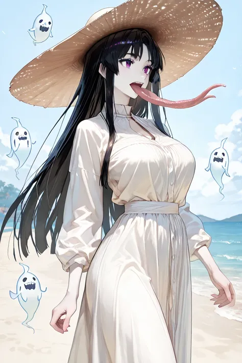 Ghost of a woman with pale skin, long white dress, incorporeal form, long straight black hair and a large-brimmed beach hat, she has a gentle smile and a light appearance (Best quality, Full HD, 8K, focus on details, really tall, based on the Hachishakusam...