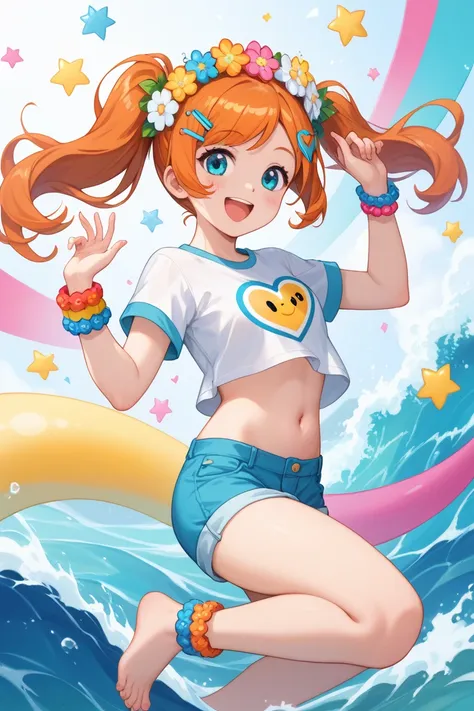 For a Happy-inspired outfit for Orihime Inoue, while keeping her navel and bare feet visible, here’s the design:

Top

A bright, cropped T-shirt with a cheerful smiley face or sunshine graphic on the front, exposing her navel.

The fabric is soft and flowy...