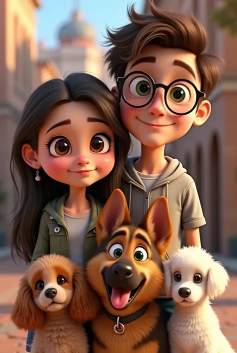 Create a photo in Disney Pixar mode of two lovers: a girl with dark brown hair with white skin and brown eyes and a boy with brown hair, white skin and green eyes with glasses, with a German shepherd dog, a Brazilian filet and two poodles 