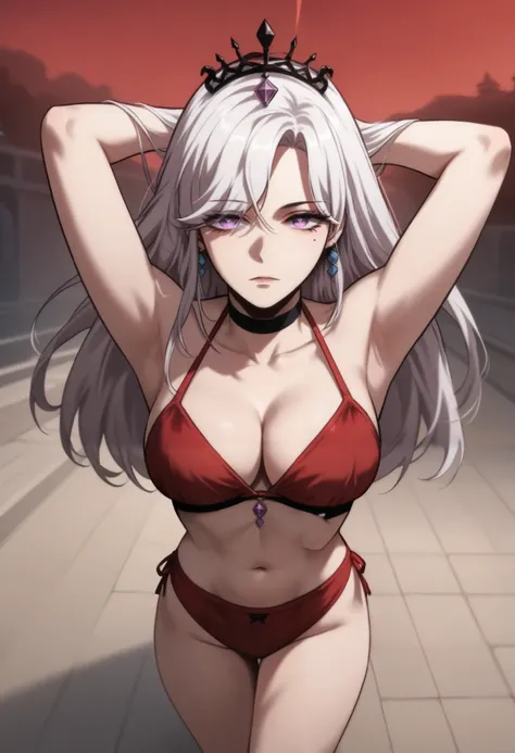 girl, solo,long hair, white hair, purple eyes, bare shoulders, mole under eye, bangs, hair over one eye,earrings, tiara, crown, hair ornament,((((red bikini),looking at viewer,arms over head,arms behind head,walking,crossed legs)))
