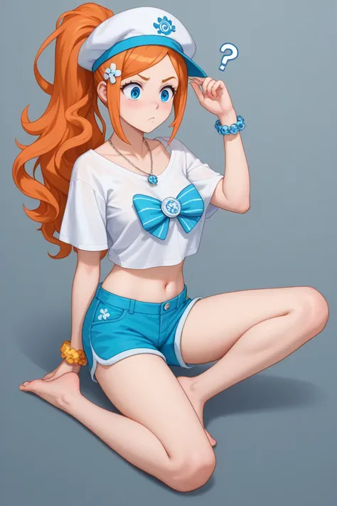 For a Confused-inspired outfit for Orihime Inoue, while keeping her navel and bare feet visible, here’s the design:

Top

A cropped, oversized shirt in soft pastels like light pink or sky blue, featuring a question mark graphic or a puzzle piece pattern, s...