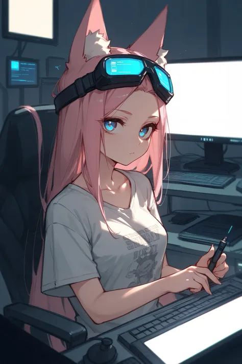 ((Moody picture with dim nighttime lighting.)) A fox girl with long pink hair in casual wear in a disorganized bedroom in front of a bunch of computer screens. She is sitting in a science fiction pod. ((She is shyly looking at the viewer)) with her blue ey...