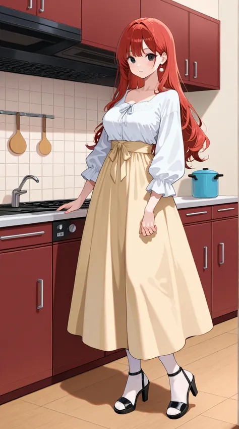 1 girl, Red hair, long,  black eyes, Long blouse ,  white stockings,  without a skirt.  black sandals,  heels.   a kitchen ,  of foot. at night