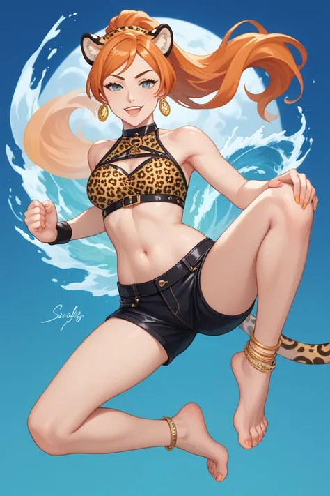 For a Jaguar-inspired outfit for Orihime Inoue, while keeping her navel and bare feet visible, here’s the design:

Top

A sleek, fitted, leopard print crop top with black or dark brown accents, symbolizing the power and agility of a jaguar.

The top has cu...