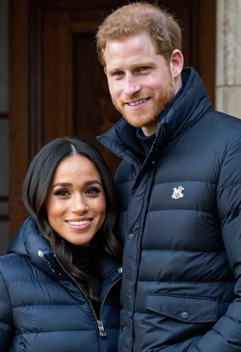 Show a portrait of a woman like Meghan Markle ,  she is only dressed in a shiny dark blue puffer jacket like Moncler, Standing next to her is a man in a suit .