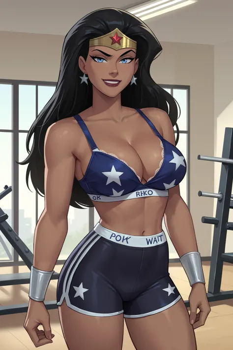 PonyXLV6_Scores BREAK ((parody), perfect anatomy, perfect eyes, cowboy shot), BREAK diana prince, long hair, black hair, blue eyes, lipstick, dark-skinned female, flirting, raised eyebrow, ((looking at viewer)), bare shoulders, cleavage, black racerback br...