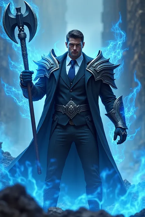 Handsome man wearing a suit and tie with armor using an axe wrapped in blue fire in combat posture