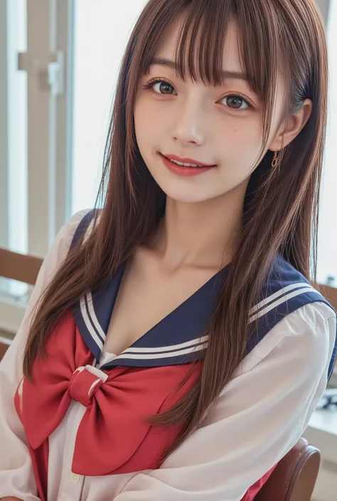 (((((   high school girl、  school uniform)))))、smile、(   long hair：1.5),   upper body,   school classrooms、、  big breasted 、  plump breasts、    sexy pose with skirt on top