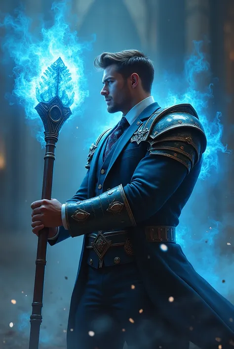 Handsome man wearing a suit and tie with armor wearing a mace wrapped in blue fire in combat posture