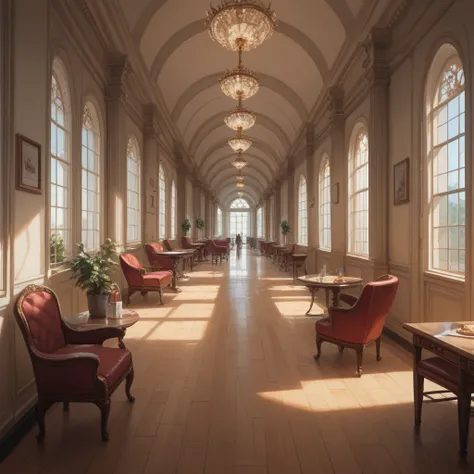 snack bar interior several tables with chairs in a hallway, (((without any person appearing, no character appearing, no one in the image just scenery)))