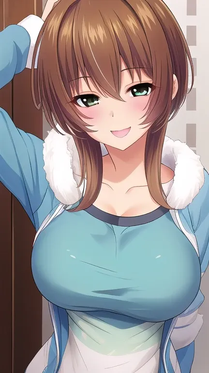   erotic、Satou Miku /Onee-san x Shuffle!、 shiny hair、brown hair pixie cut、 brown hair、Big Breasts,  alone,Light blue sweater,Evil Background、  top quality,  detailed face,  detailed eyes,  Hi-Res, smile、 dye her cheeks red、 sexy pose、lure、Estrus、Open your ...